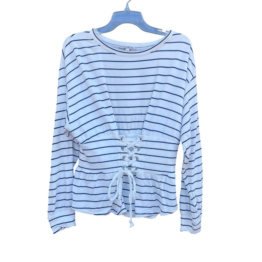 Express One Eleven Striped Lace-Up Top Medium White & Black Long Sleeve‎ Casual